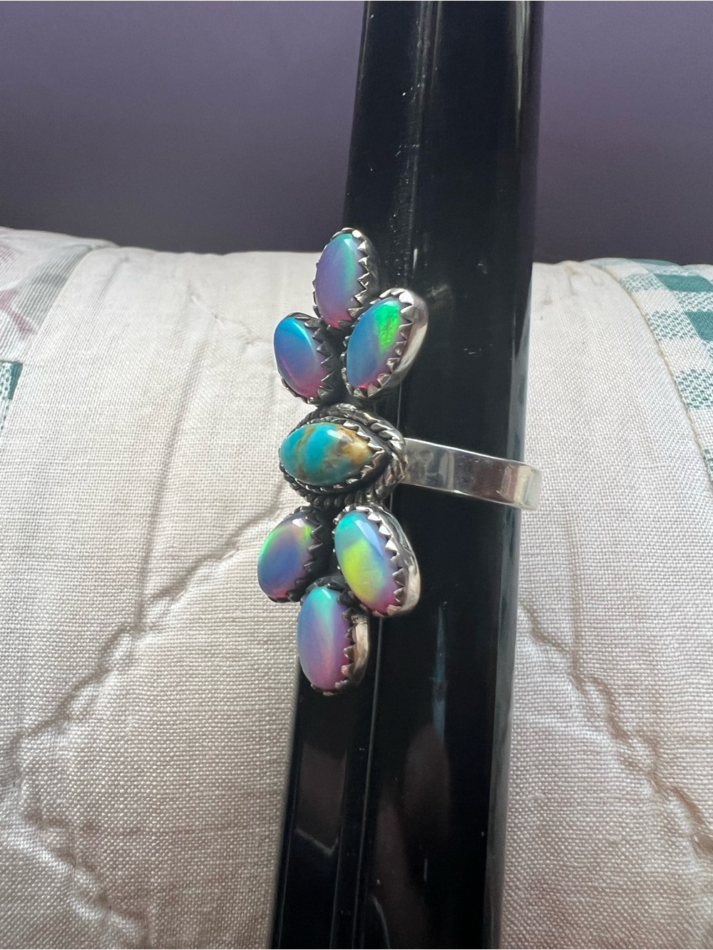 Sterling southwestern Opal and turquoise ring - Picture 2 of 8